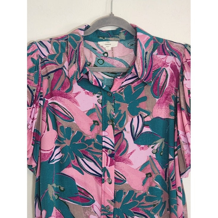 Entro Pink and Teal Green Tropical Print Puffy Sleeve Blouse Size Large