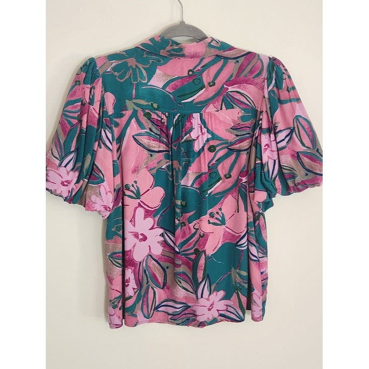 Entro Pink and Teal Green Tropical Print Puffy Sleeve Blouse Size Large