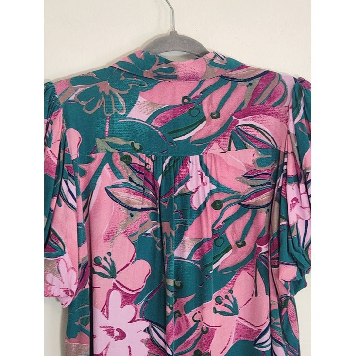 Entro Pink and Teal Green Tropical Print Puffy Sleeve Blouse Size Large