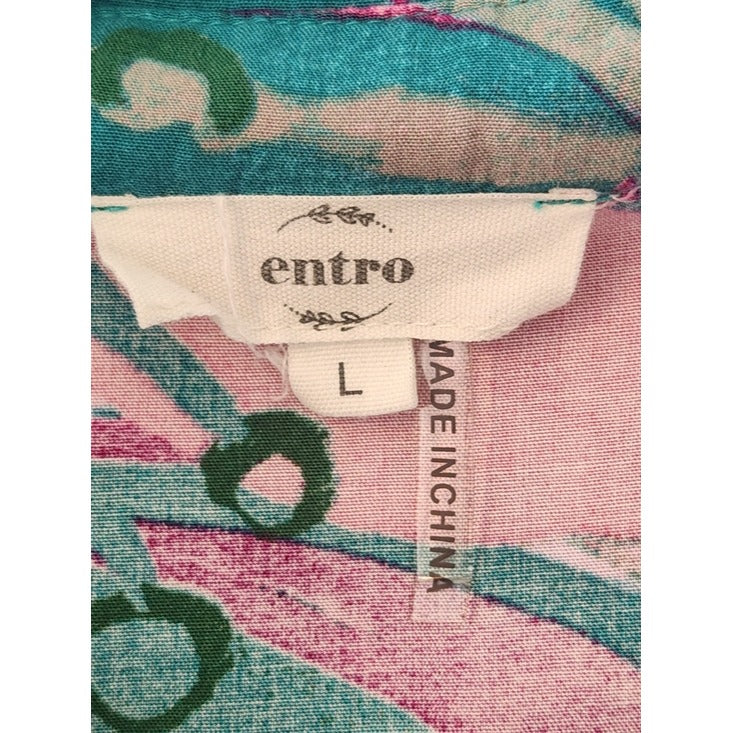 Entro Pink and Teal Green Tropical Print Puffy Sleeve Blouse Size Large
