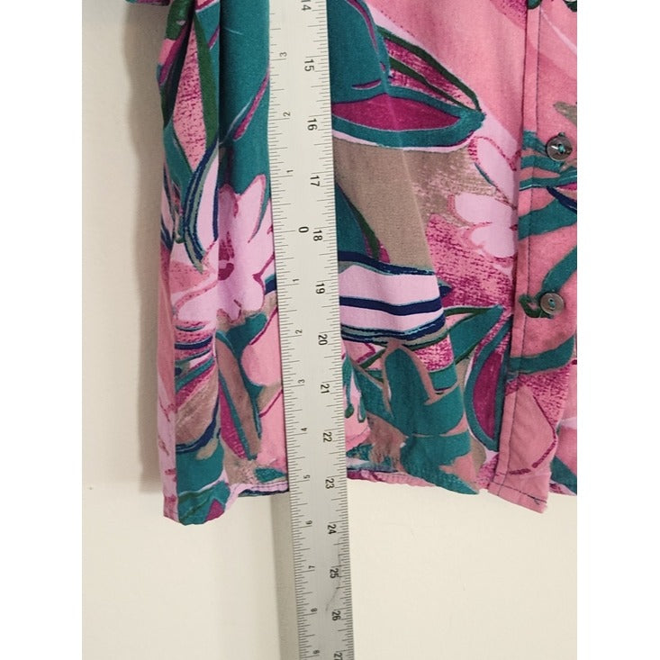 Entro Pink and Teal Green Tropical Print Puffy Sleeve Blouse Size Large