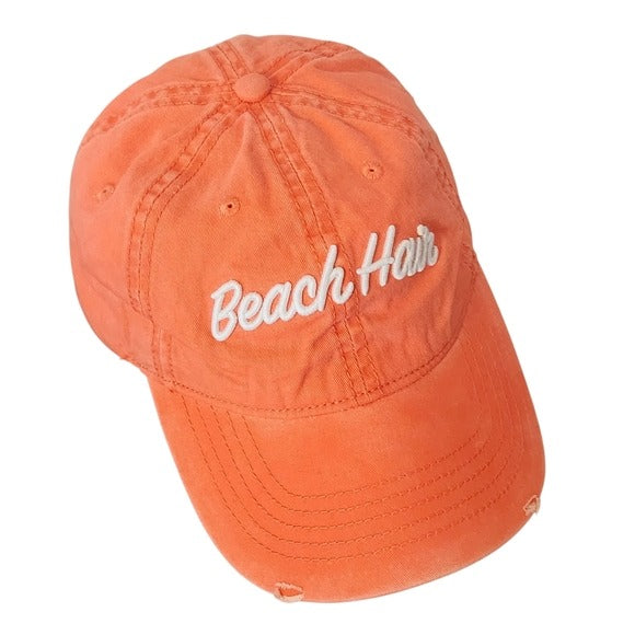 Distressed Beach Hair Coral Baseball Hat with White Embroidery One Size