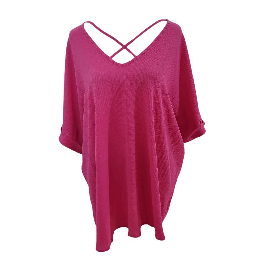 Sami & Jo Hot Pink Short Sleeve Blouse Size 1X Pink Blouse with Strappy Front