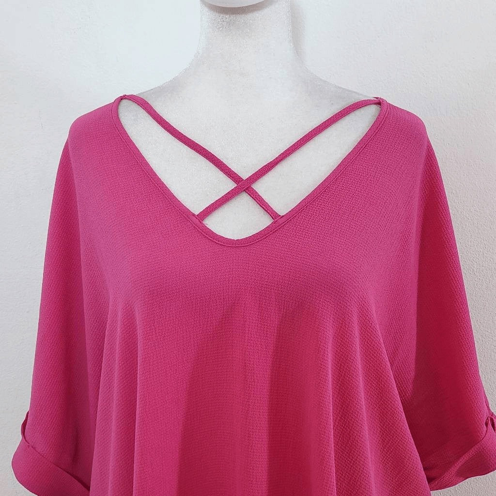Sami & Jo Hot Pink Short Sleeve Blouse Size 1X Pink Blouse with Strappy Front