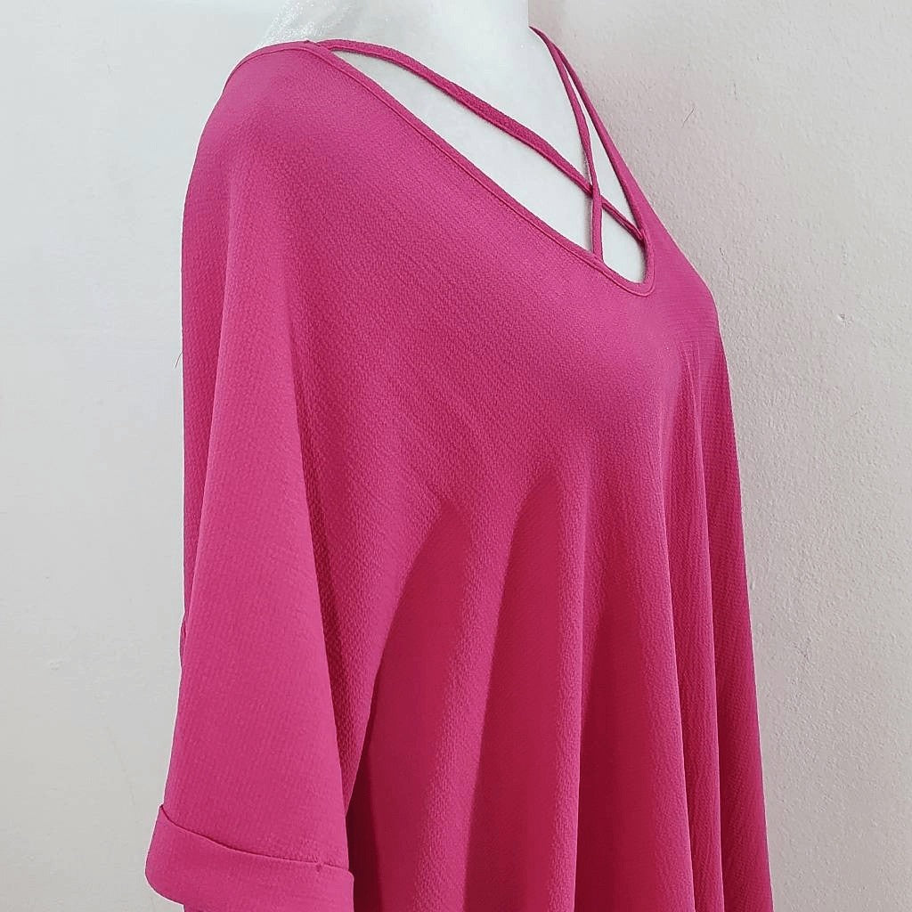 Sami & Jo Hot Pink Short Sleeve Blouse Size 1X Pink Blouse with Strappy Front