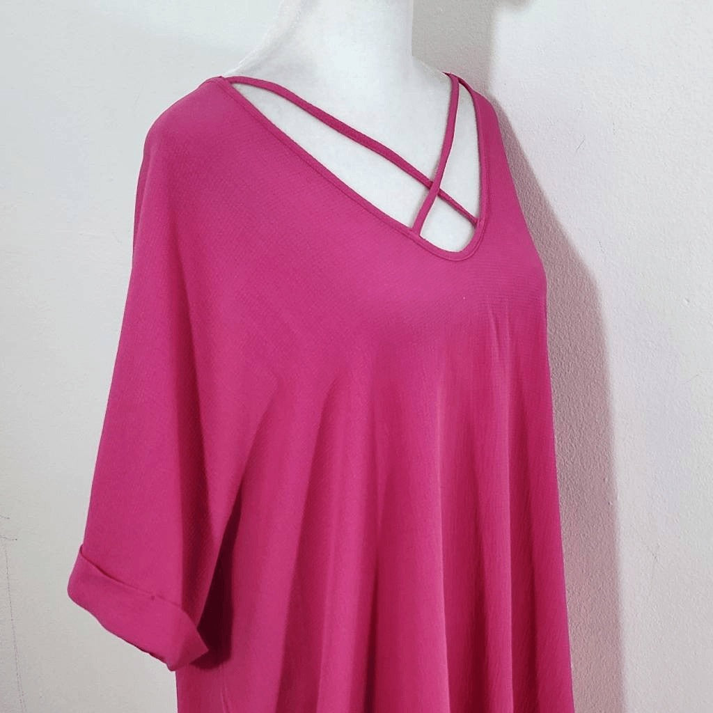 Sami & Jo Hot Pink Short Sleeve Blouse Size 1X Pink Blouse with Strappy Front