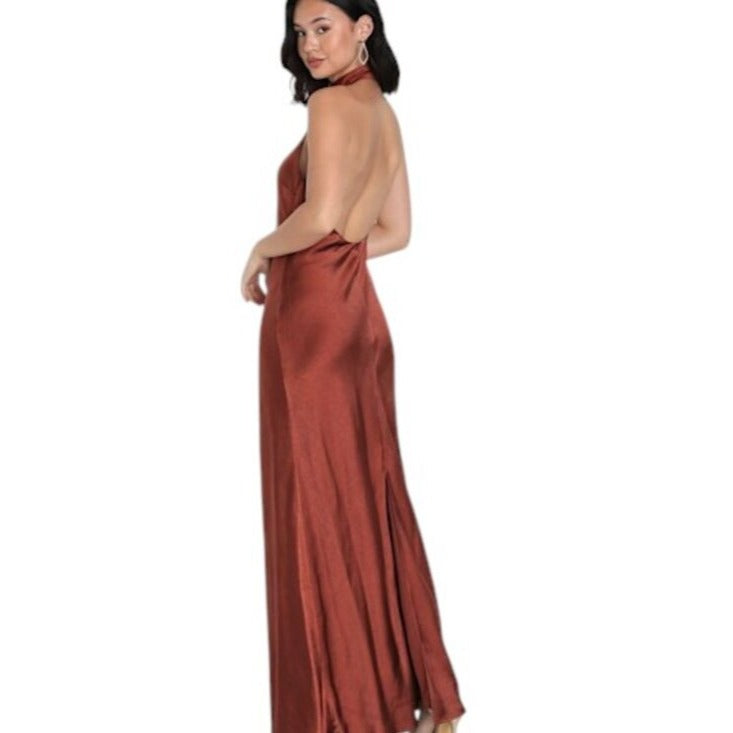 Lulus Brown Satin Halter Maxi Dress Size Small NWT Wedding Guest Dress