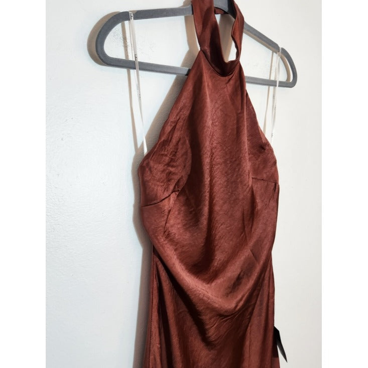 Lulus Brown Satin Halter Maxi Dress Size Small NWT Wedding Guest Dress