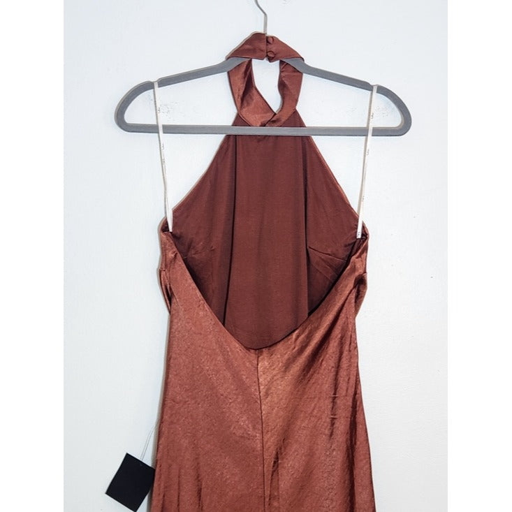 Lulus Brown Satin Halter Maxi Dress Size Small NWT Wedding Guest Dress