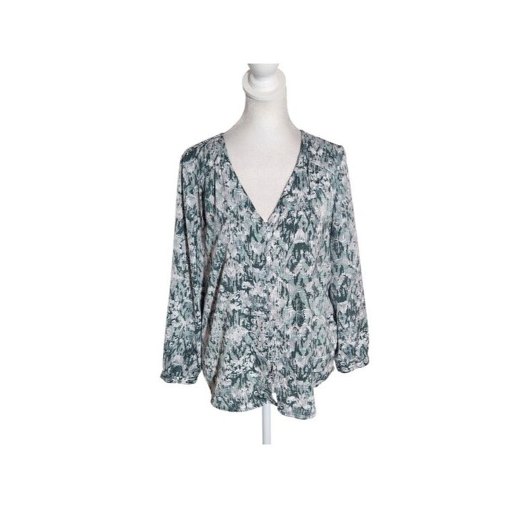 Liverpool Green and Gray Abstract Print V-Neck Button-up Top Size Small