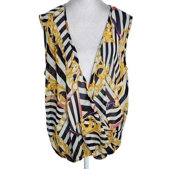 Lavish Black and White Chain Print Sleeveless Sheer Blouse Size 1XL NWT