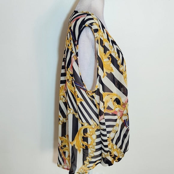 Lavish Black and White Chain Print Sleeveless Sheer Blouse Size 1XL NWT