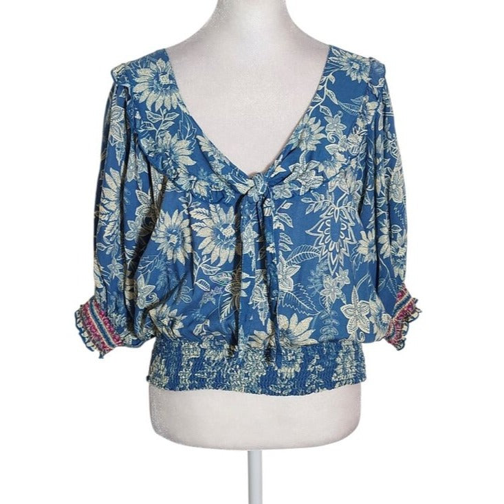 Natural Life Blue Boho Floral Cropped Blouse Size Large