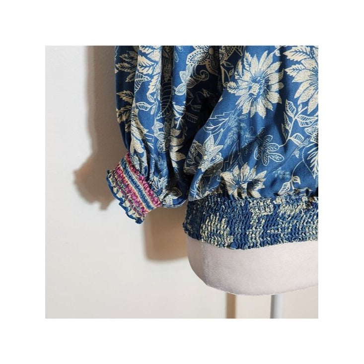 Natural Life Blue Boho Floral Cropped Blouse Size Large