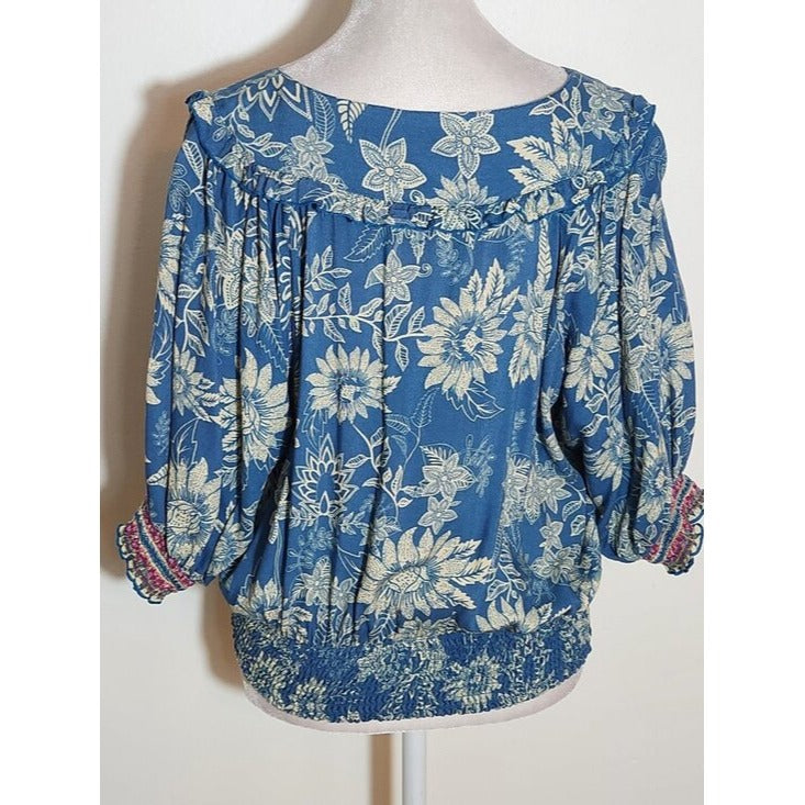 Natural Life Blue Boho Floral Cropped Blouse Size Large