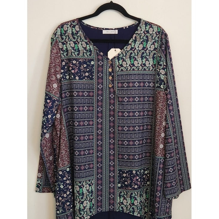 Cellabie Navy Boho Print Layered Look Midi Dress Size 2X NWT