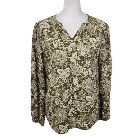 Naturals By Denim & Co. Green Floral Linen Blouse Size XXS Naturals Linen Top