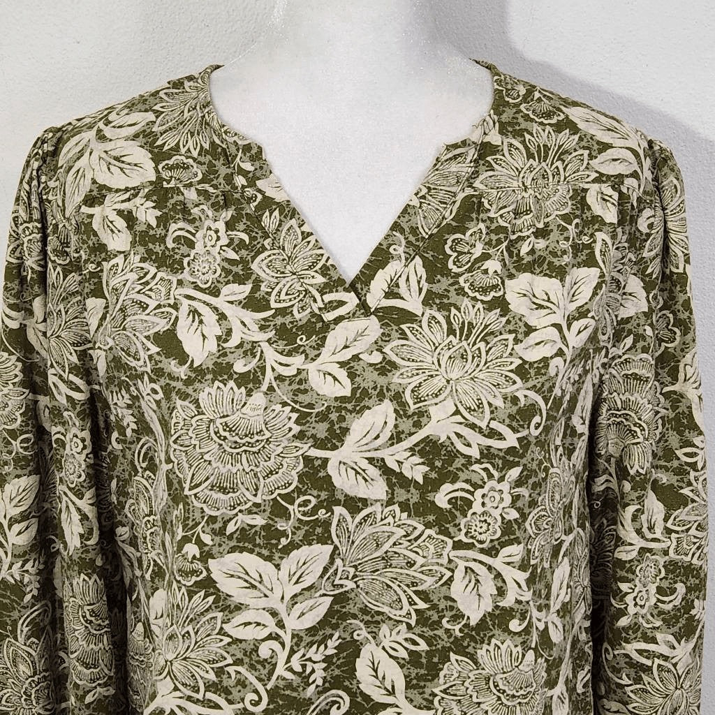 Naturals By Denim & Co. Green Floral Linen Blouse Size XXS Naturals Linen Top