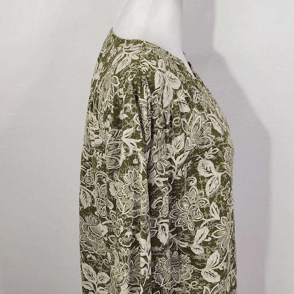 Naturals By Denim & Co. Green Floral Linen Blouse Size XXS Naturals Linen Top