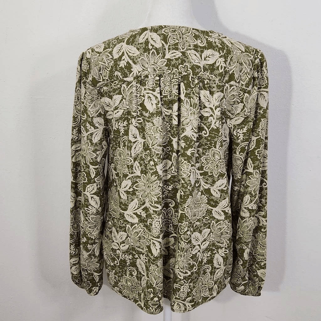 Naturals By Denim & Co. Green Floral Linen Blouse Size XXS Naturals Linen Top