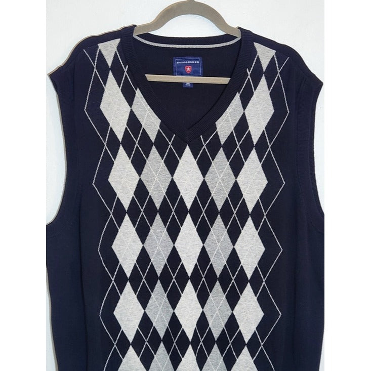 Saddlebred Black and Gray V-Neck Argyle Sweater Vest Size XL