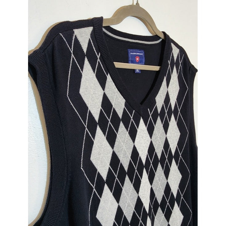 Saddlebred Black and Gray V-Neck Argyle Sweater Vest Size XL