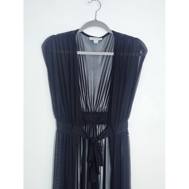 FAVLUX Sleeveless Tie-Front Black Sheer Mesh Kimono Size Small
