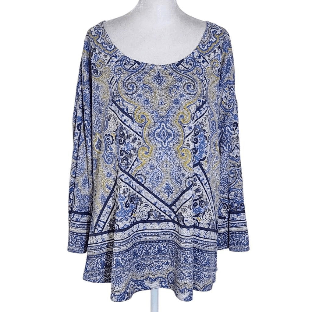 One World Blue and Gold Boho Print Knit Top Size XL Blue Boho Top