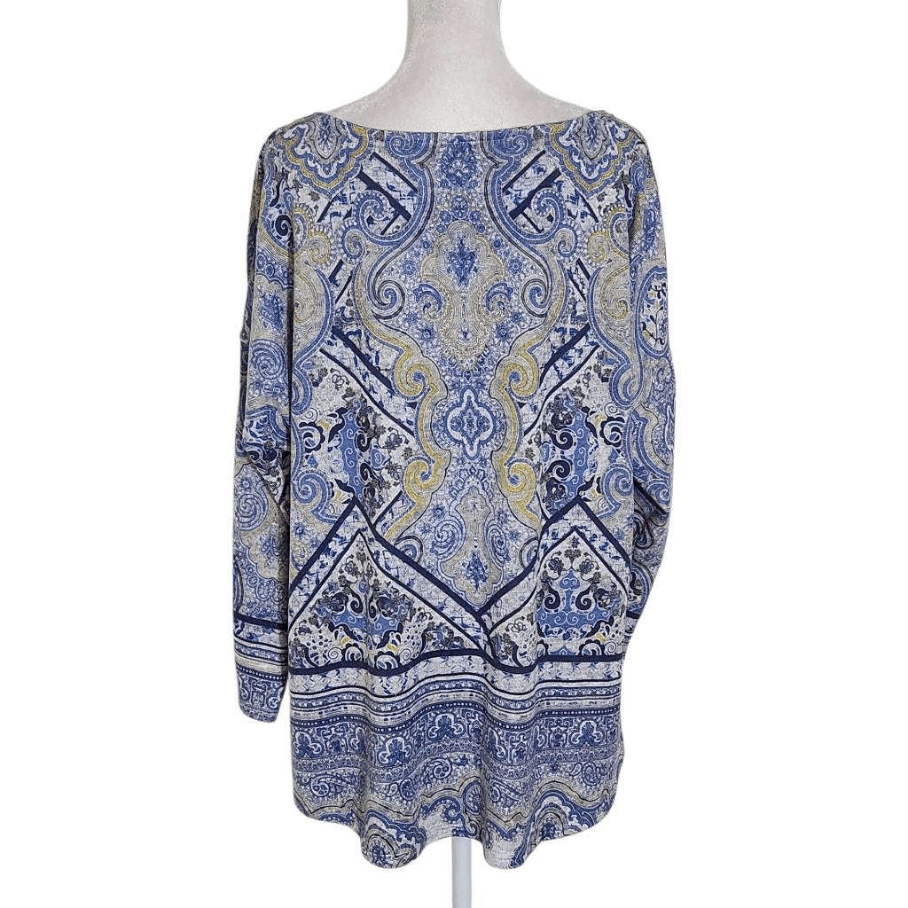 One World Blue and Gold Boho Print Knit Top Size XL Blue Boho Top