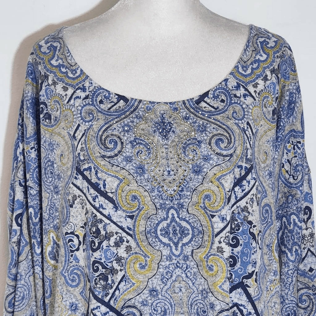 One World Blue and Gold Boho Print Knit Top Size XL Blue Boho Top