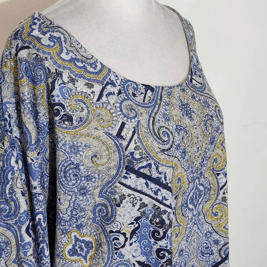One World Blue and Gold Boho Print Knit Top Size XL Blue Boho Top