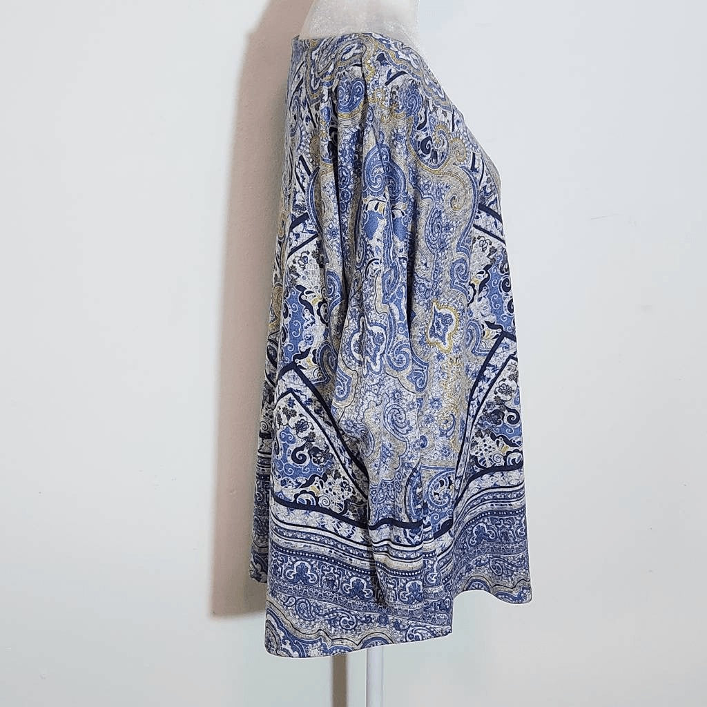 One World Blue and Gold Boho Print Knit Top Size XL Blue Boho Top