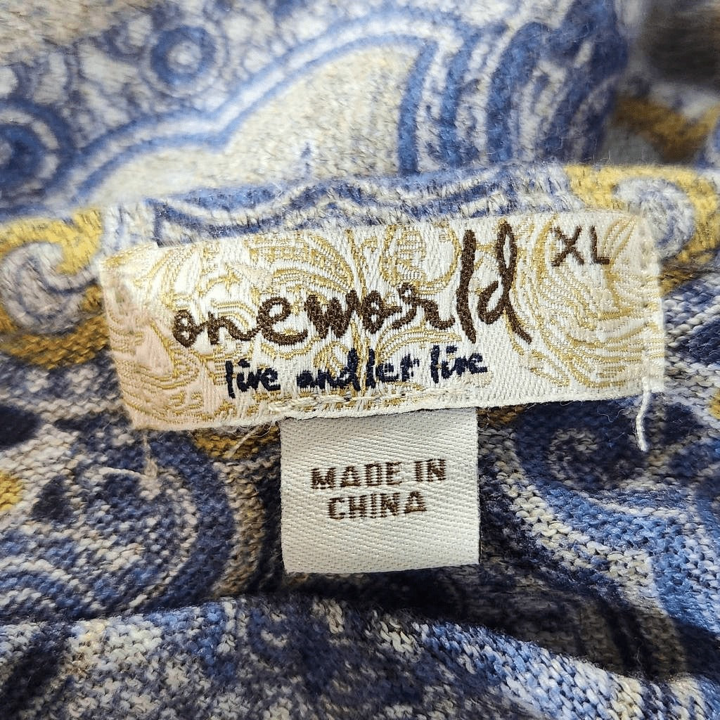One World Blue and Gold Boho Print Knit Top Size XL Blue Boho Top