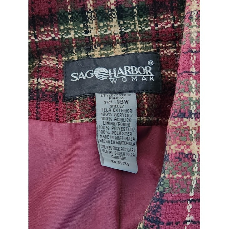 Sag Harbor Burgundy Plaid Button Front Jacket Size 18W