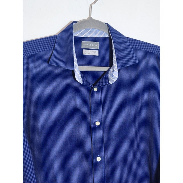 Thomas Dean Blue and Black Mini Check Button-Down Shirt Size Large