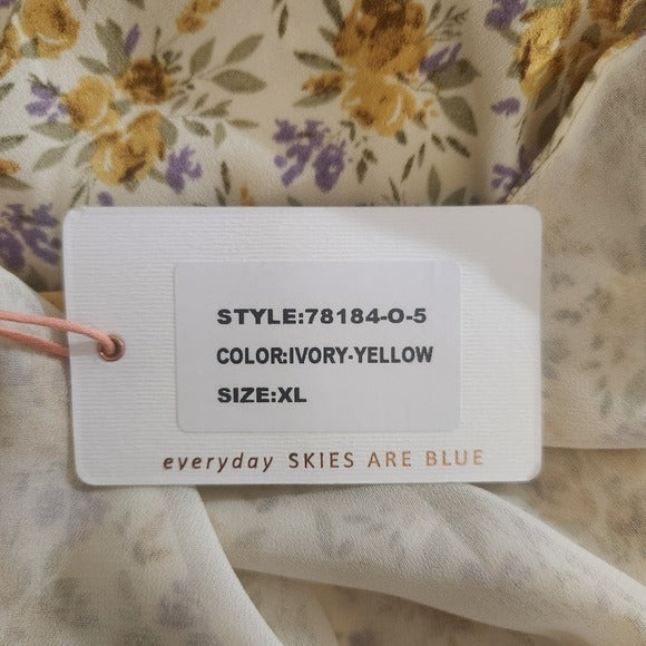 Skies are Blue Butter Yellow Floral Tank Top with Double Straps Size XL New