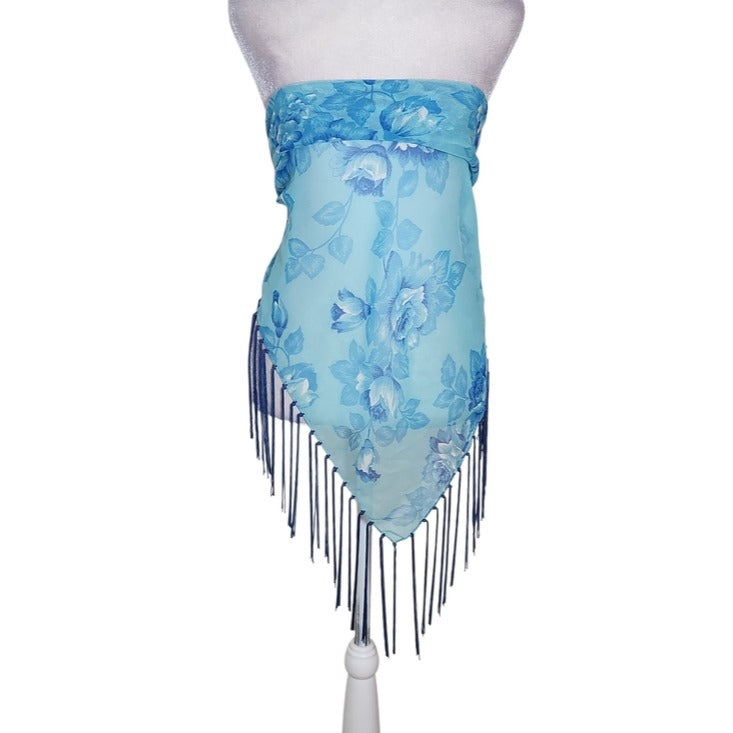 Cejon Sheer Blue Floral Fringe Wrap NWT 68" X 33"