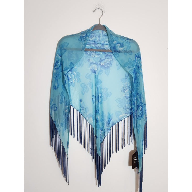 Cejon Sheer Blue Floral Fringe Wrap NWT 68" X 33"