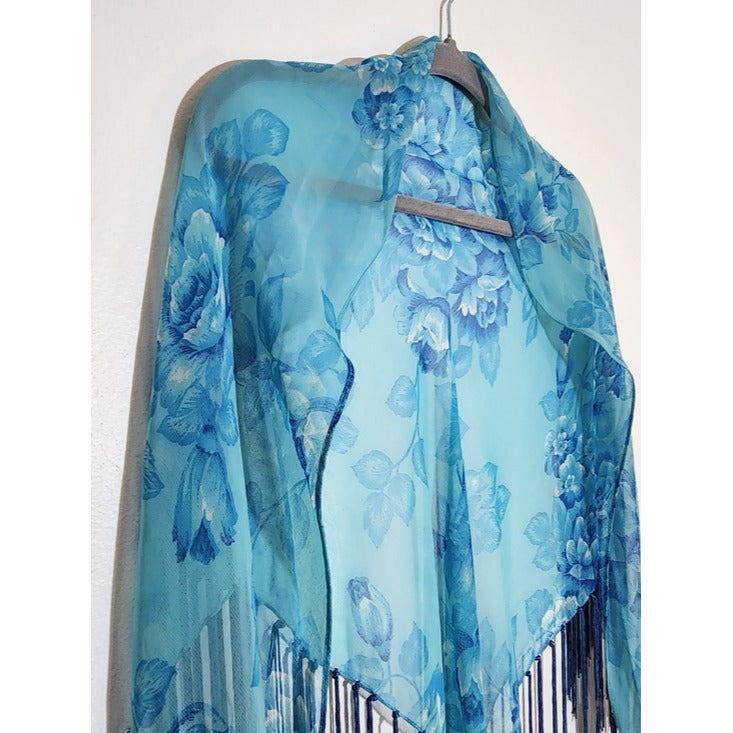 Cejon Sheer Blue Floral Fringe Wrap NWT 68" X 33"