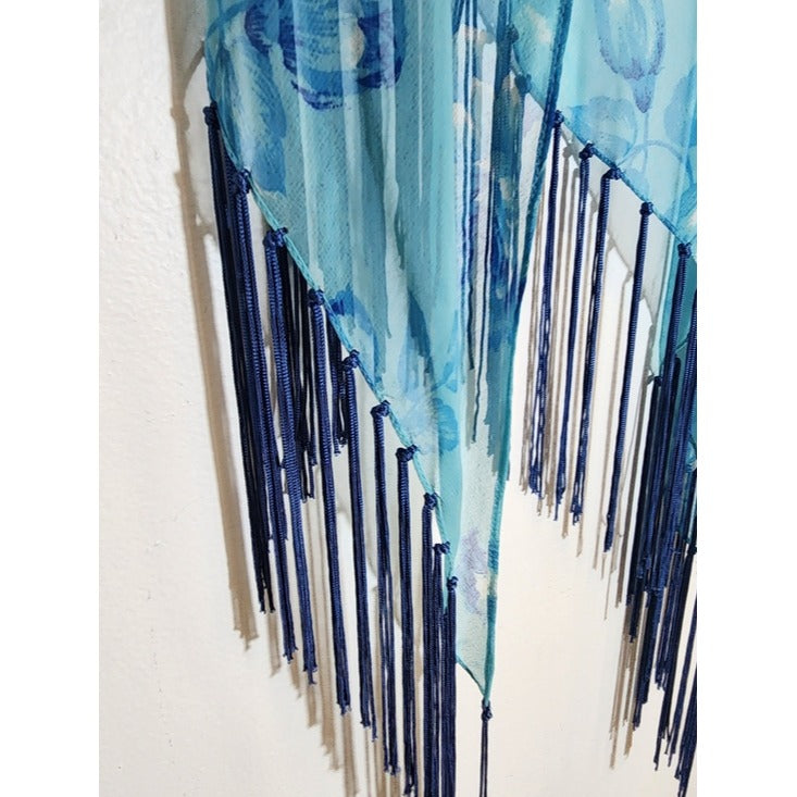 Cejon Sheer Blue Floral Fringe Wrap NWT 68" X 33"