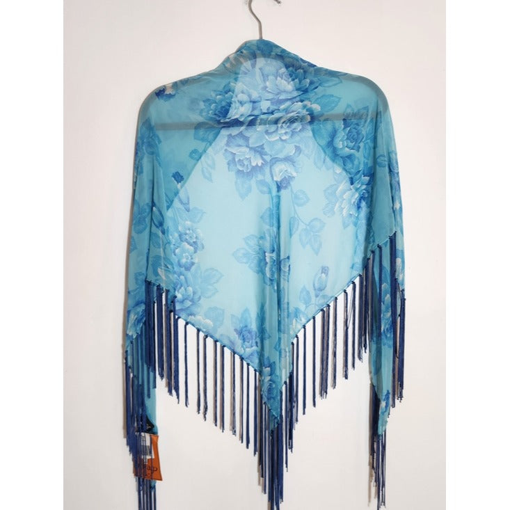 Cejon Sheer Blue Floral Fringe Wrap NWT 68" X 33"