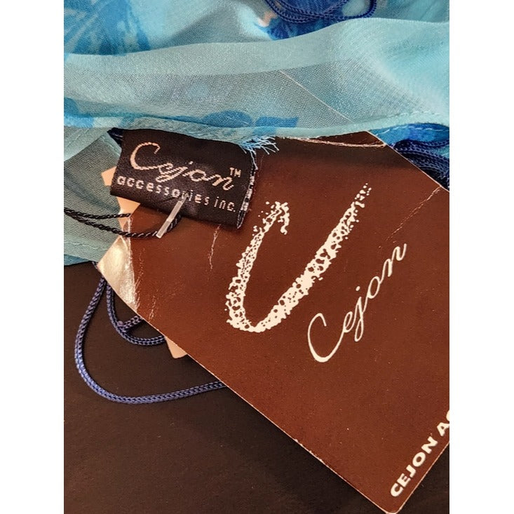 Cejon Sheer Blue Floral Fringe Wrap NWT 68" X 33"