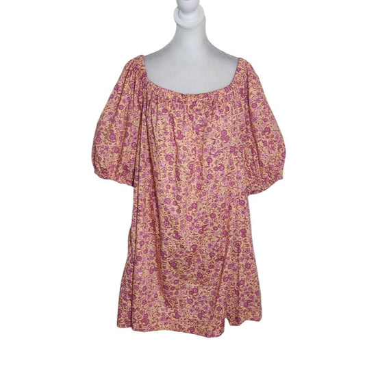 Old Navy Peach and Pink Floral Print Mini Dress with Puffy Sleeves Size XL