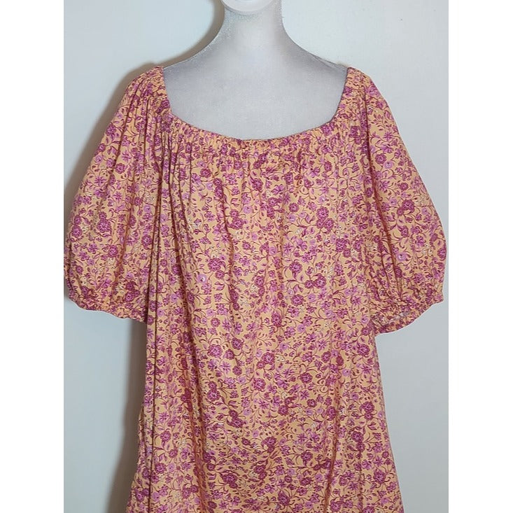 Old Navy Peach and Pink Floral Print Mini Dress with Puffy Sleeves Size XL