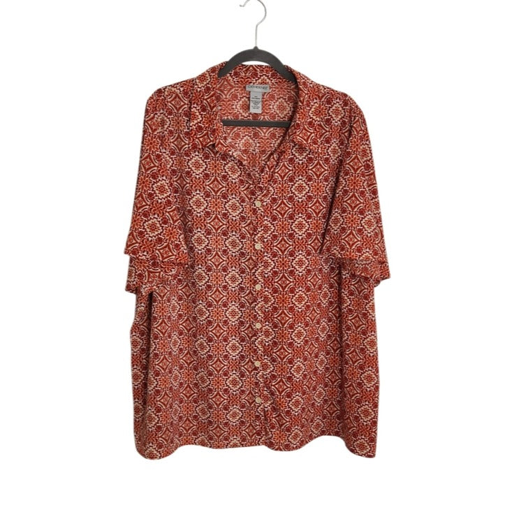 Catherines Rust Red and White Boho Print Button Down Blouse Size 2X