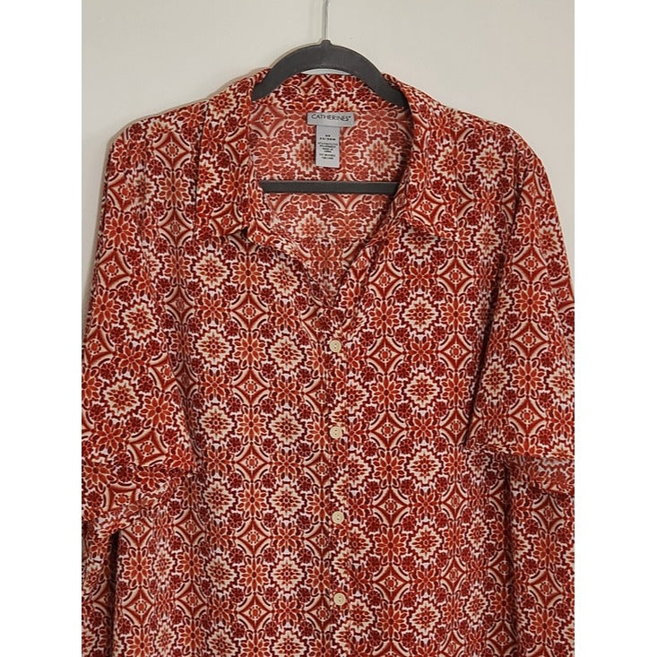Catherines Rust Red and White Boho Print Button Down Blouse Size 2X
