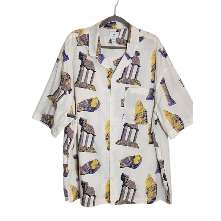 H&M Oversized Ancient Greek Ruins Print Short Sleeve Button Down Shirt Size XXL