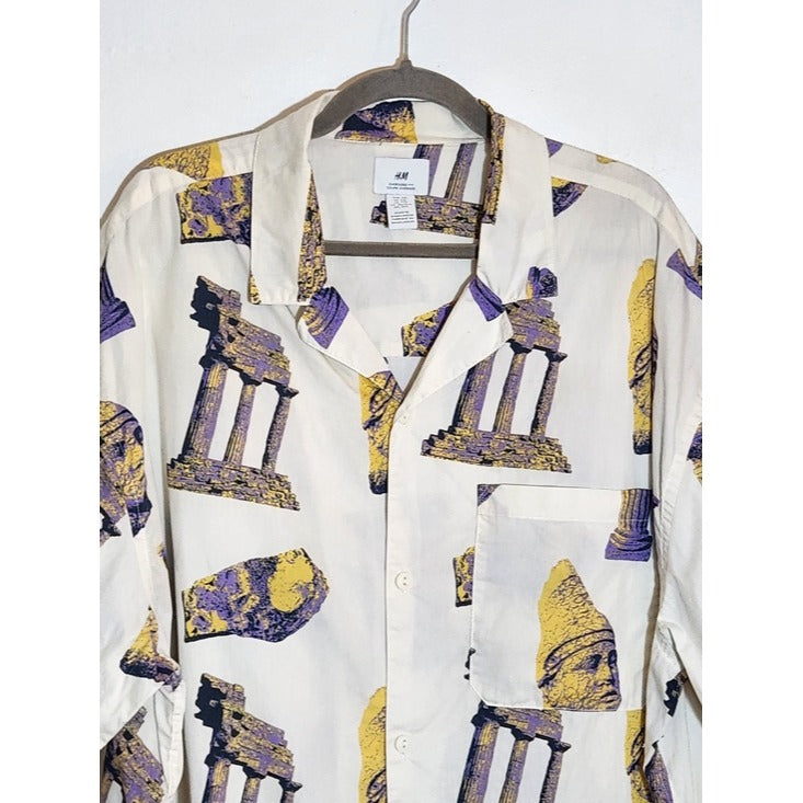 H&M Oversized Ancient Greek Ruins Print Short Sleeve Button Down Shirt Size XXL