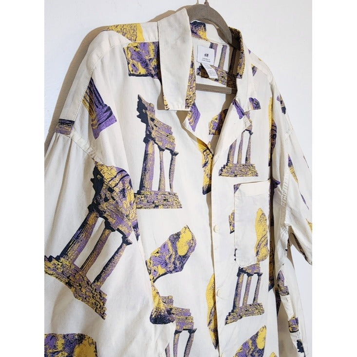 H&M Oversized Ancient Greek Ruins Print Short Sleeve Button Down Shirt Size XXL
