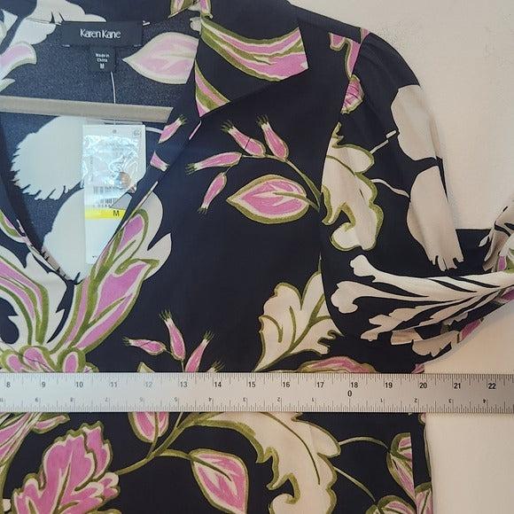 Karen Kane Black and Pink Floral Print Blouse Size Medium NWT